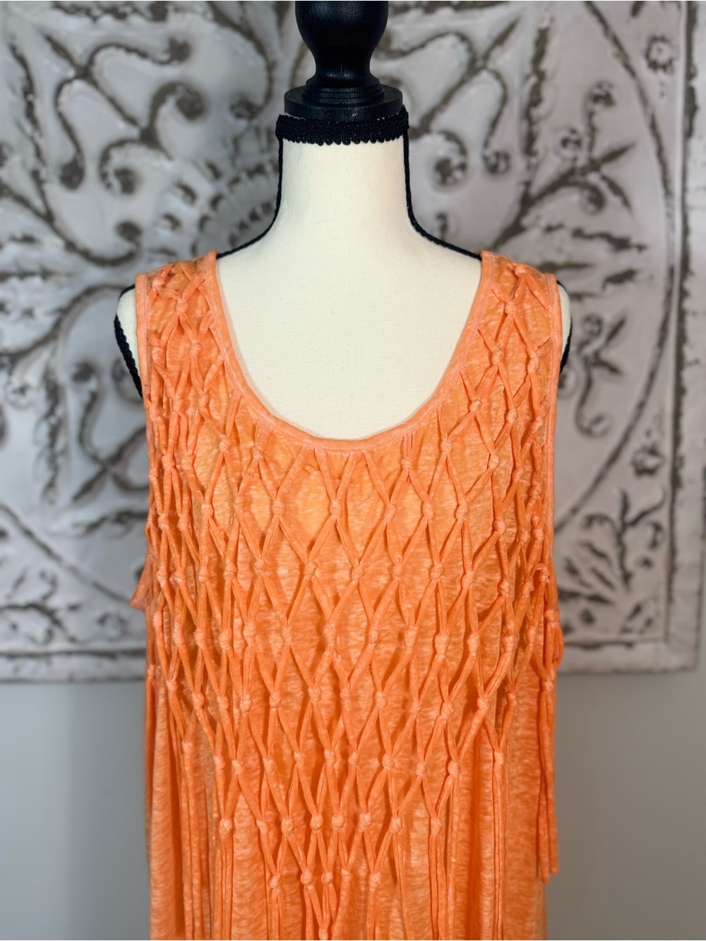 Cato Woman Orange Fringe Macramé Tank Top 22/24W Plus Size Boho Sleeveless